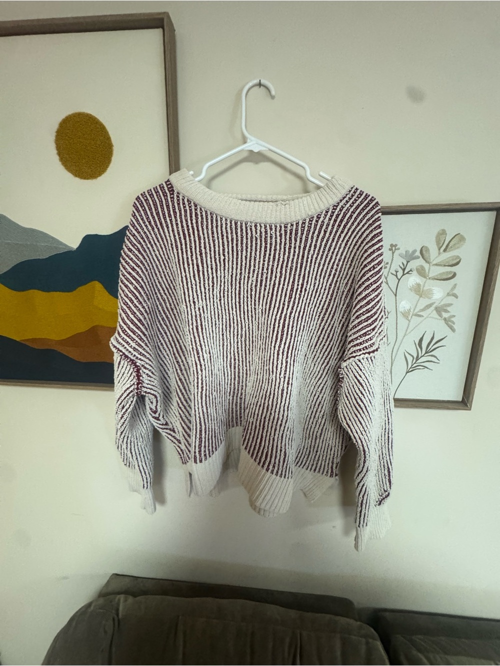 Zenana Outfitters Cream and Burgundy Striped Crewneck Sweater